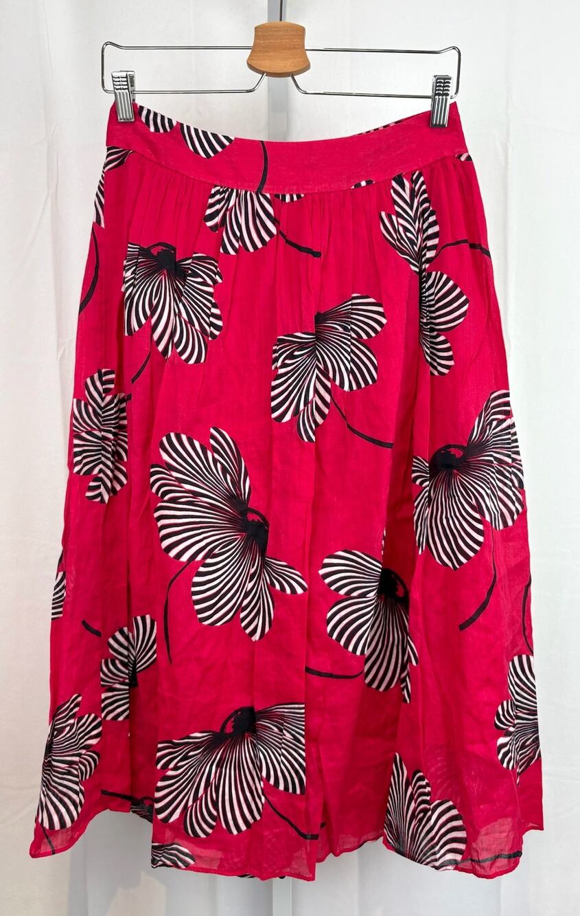 ANN TAYLOR Size 4 Floral Midi Skirt A-Line Cotton Ramie Pink Red Black